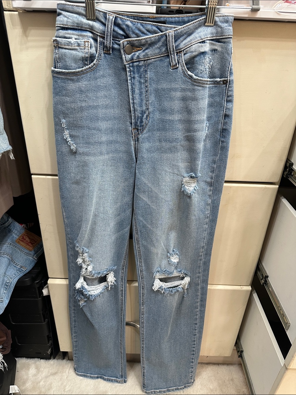 Fashion Nova Light Blue Distressed Straight Leg Jeans